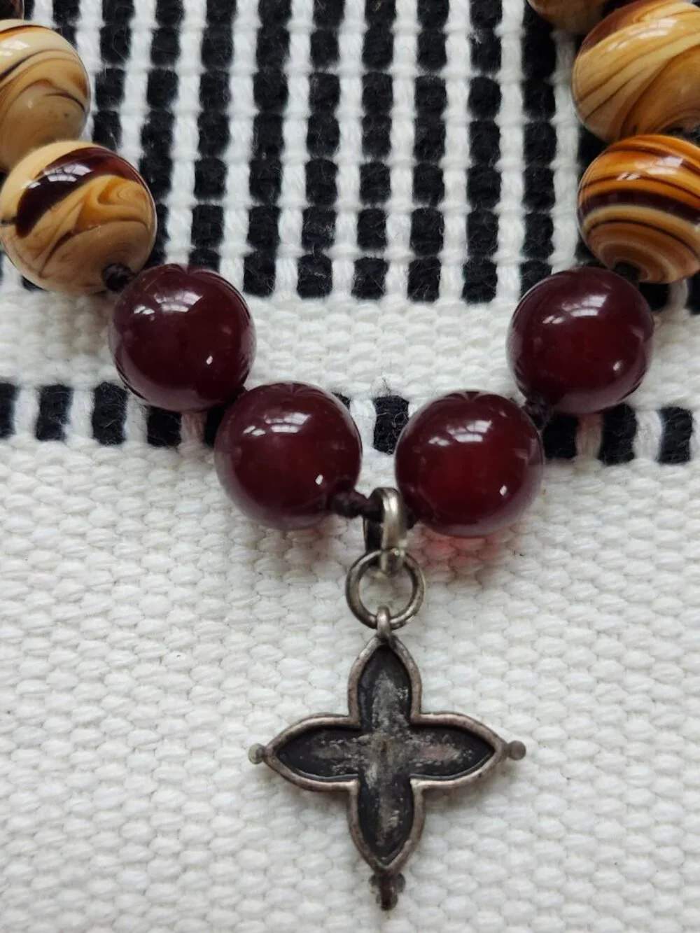 Lucky Brand Boho Beaded Necklace Wood & Stone Cross Pendant Signed